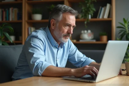 Homme d'âge moyen concentré sur son ordinateur dans un salon moderne