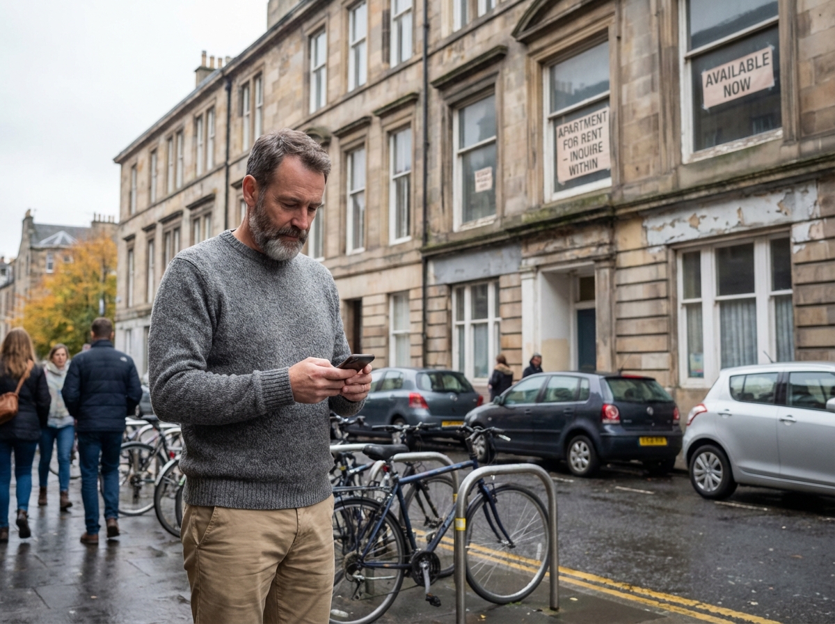 Homme d age moyen consulte son telephone dans la rue urbaine