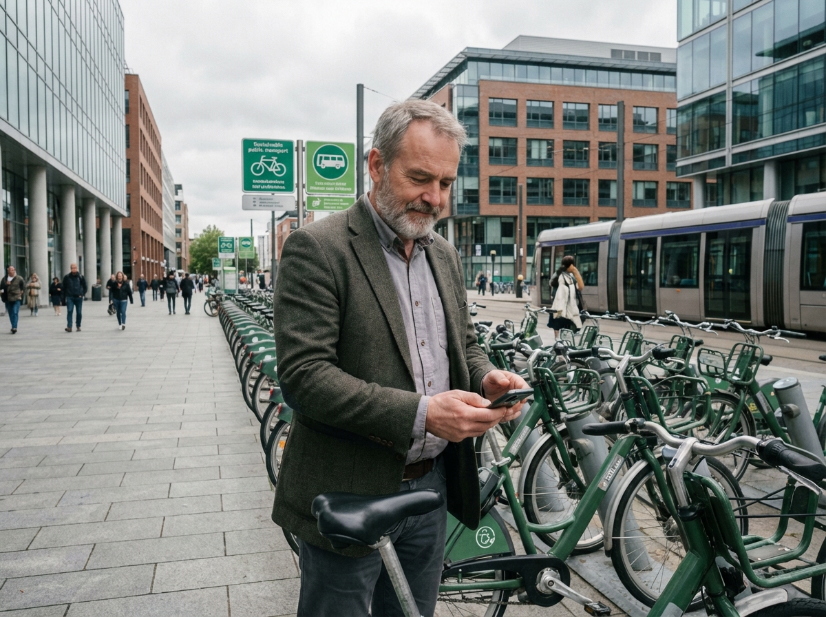Homme avec vélo dans un hub de transport urbain
