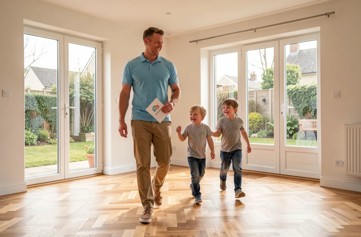 Agent Human Immobilier faisant visiter une maison lumineuse à une famille dans le Cher