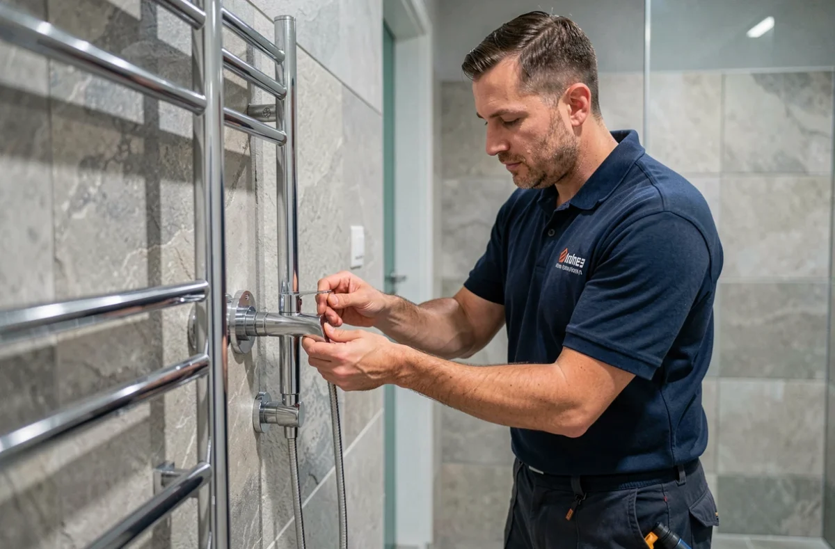 Plombier d'ID Plomberie installant un radiateur sèche-serviettes et un mitigeur thermostatique dans une salle de bain rénovée