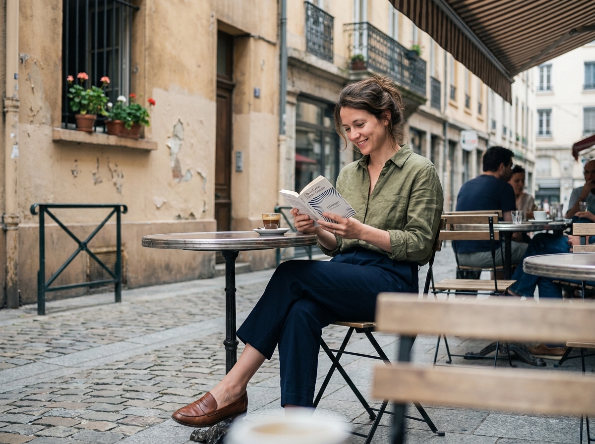 Jeune expatriée lisant un livre en terrasse de café dans le quartier populaire et vivant de la Guillotière à Lyon