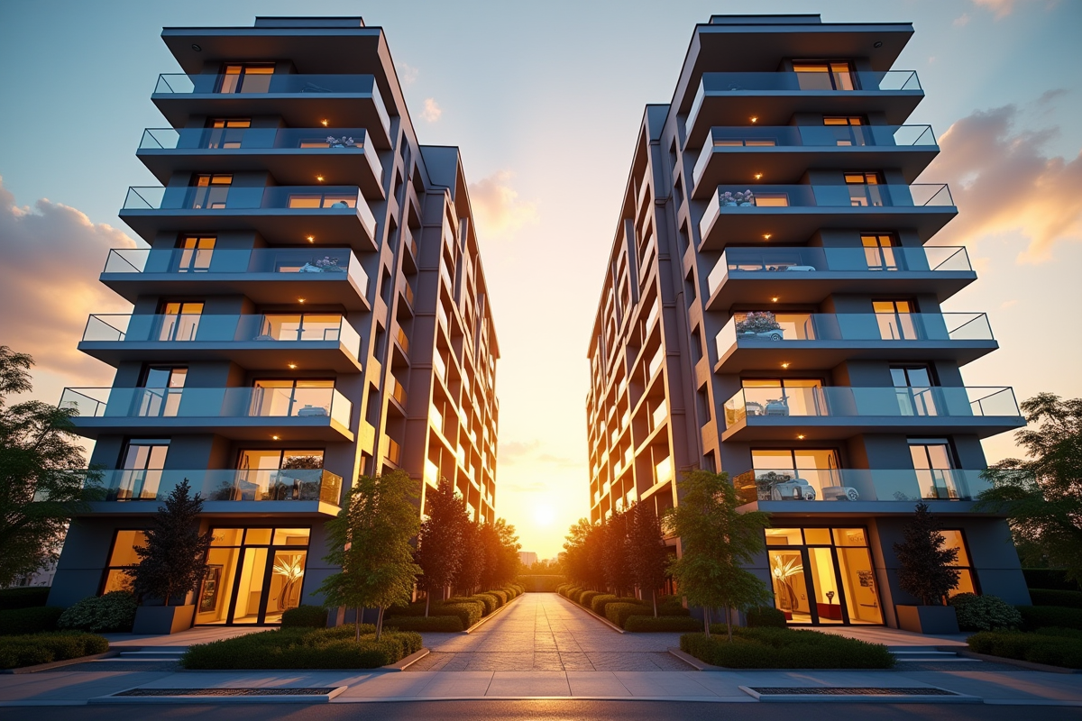 Deux immeubles modernes dans un paysage urbain au coucher du soleil