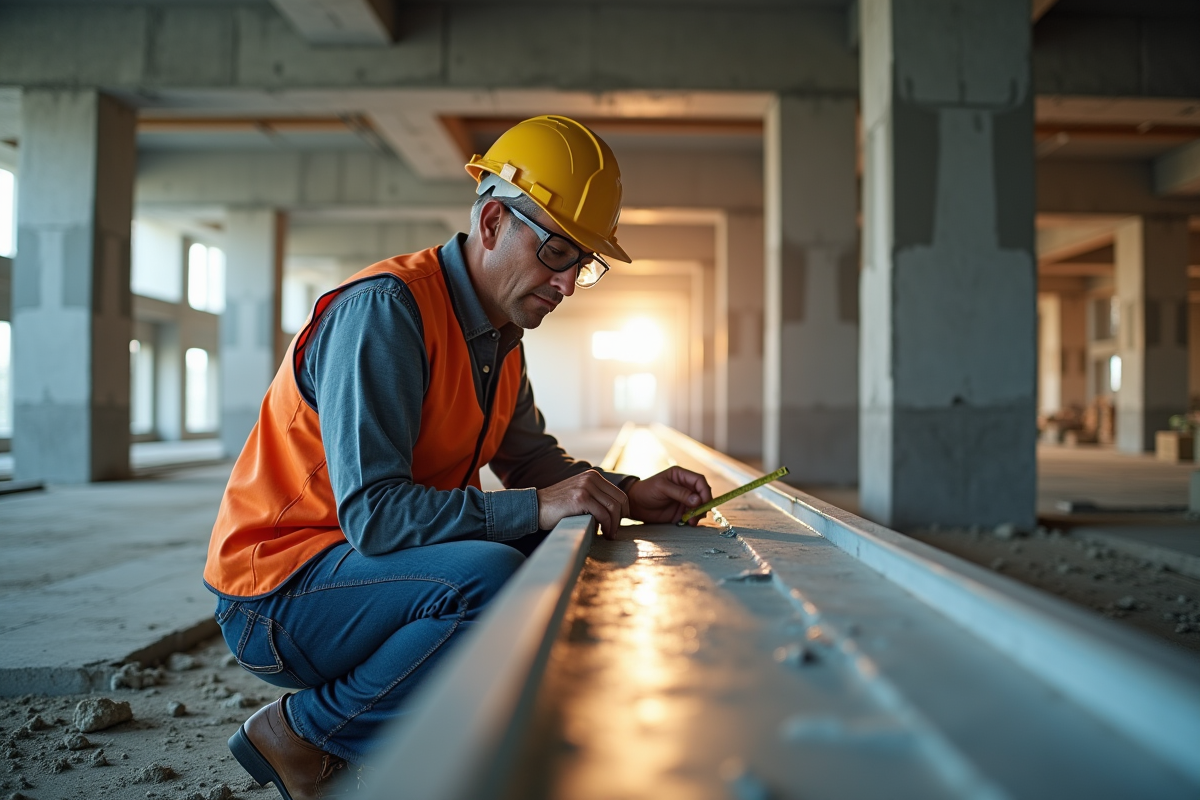 Ingénieur vérifiant une poutre IPN sur un chantier