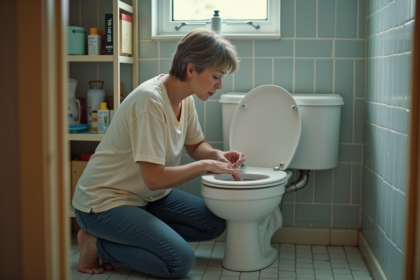 Femme inspectant la chasse d'eau dans une salle de bain