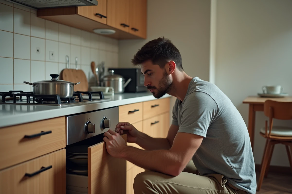 Locataire inspectant l'équipement de cuisine d'un appartement en location meublée