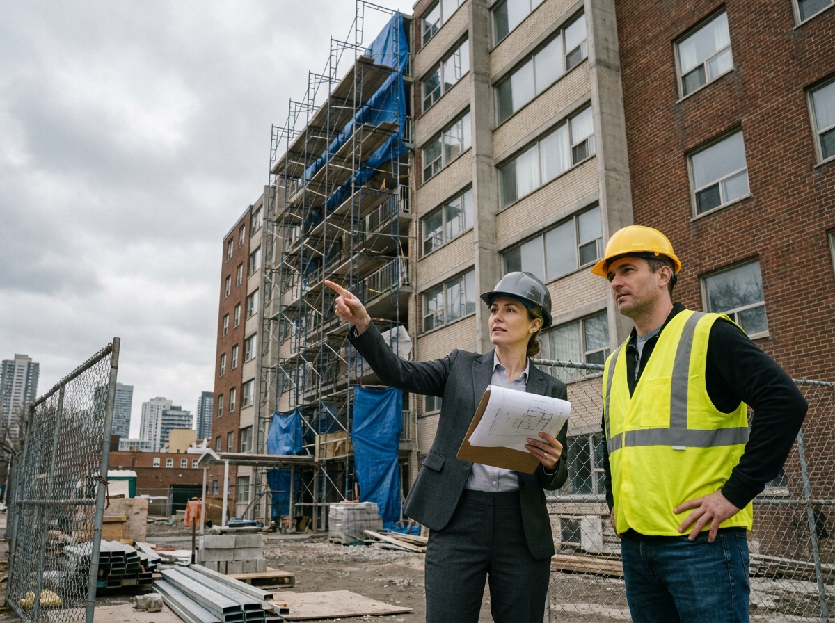 Gestionnaire d'actifs immobiliers réalisant une inspection technique sur chantier de rénovation d'immeuble résidentiel