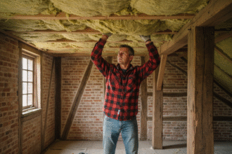 Homme posant de la laine mineral entre poutres en attique