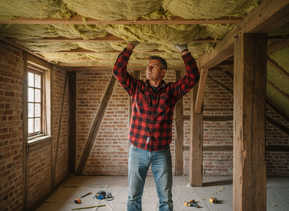 Homme posant de la laine mineral entre poutres en attique