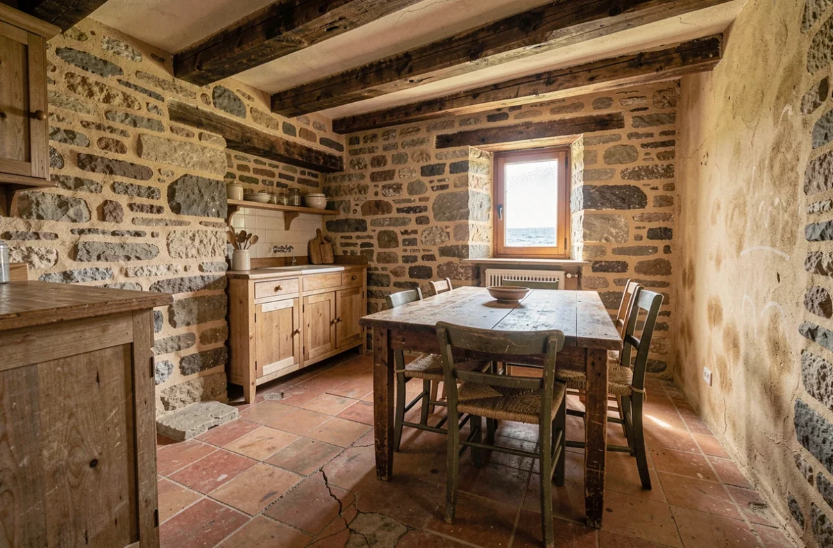 Intérieur authentique d'une petite maison de pêcheur bretonne avec défauts d'humidité et poutres apparentes à inspecter avant achat