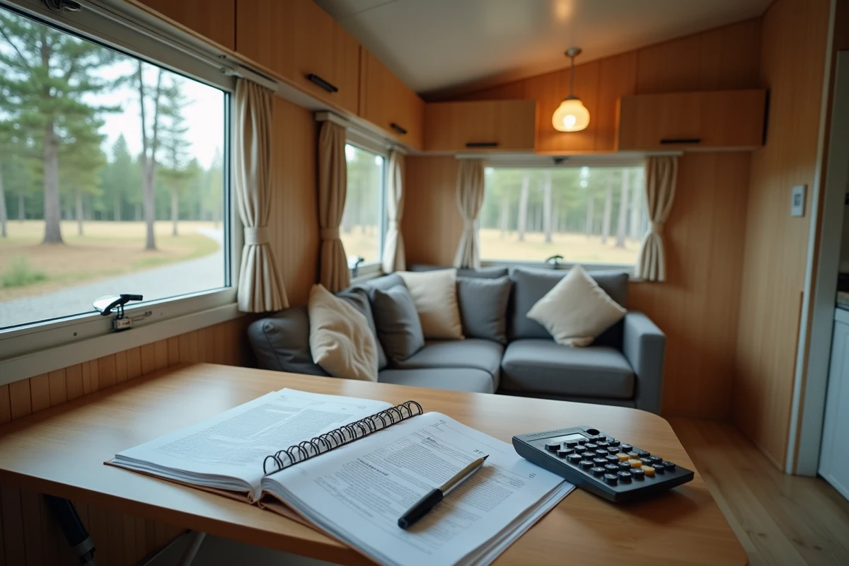 Intérieur d'un mobil home occasion dans un camping à l'année avec documents administratifs et fiscaux sur la table
