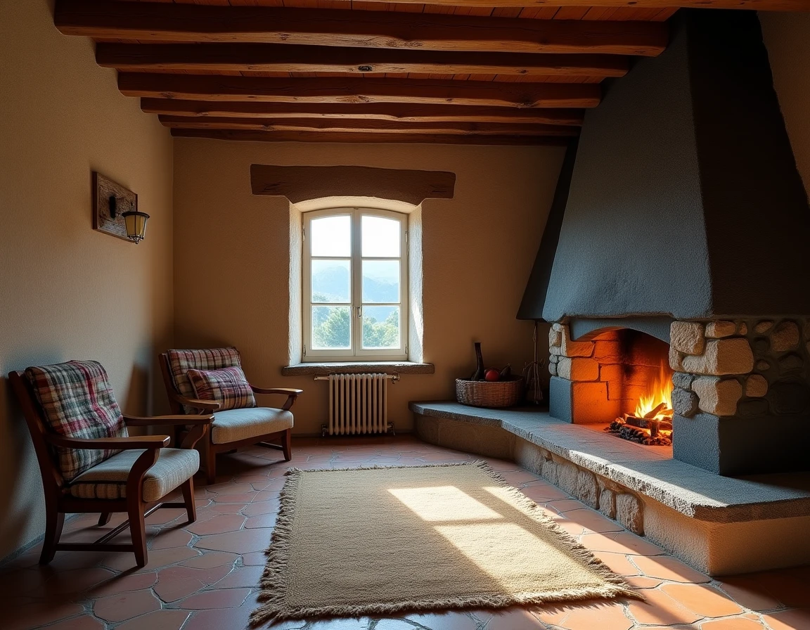 Intérieur rustique d'une maison isolée dans le Cantal avec cheminée en pierre et poutres apparentes