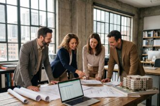Groupe d'investisseurs immobiliers analysant des plans et des données financières autour d'une table de réunion pour un projet d'achat en commun