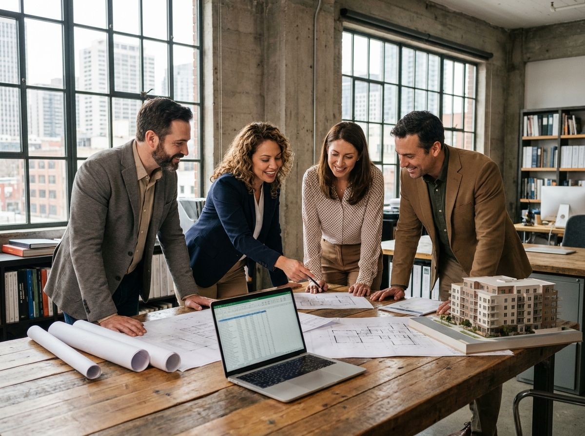 Groupe d'investisseurs immobiliers analysant des plans et des données financières autour d'une table de réunion pour un projet d'achat en commun