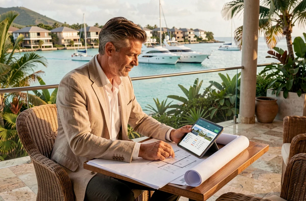 Investisseur immobilier consultant des plans et données sur tablette depuis une terrasse avec vue sur le lagon de l'île Maurice