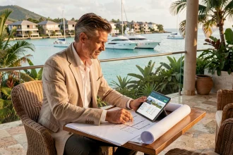 Investisseur immobilier consultant des plans et données sur tablette depuis une terrasse avec vue sur le lagon de l'île Maurice