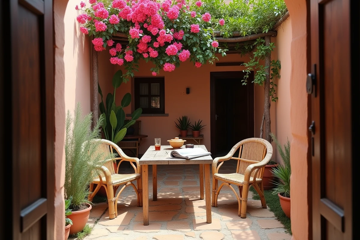 Jardin privé d'une maison de location longue durée à Essaouira avec pergola bougainvillée et table en bois