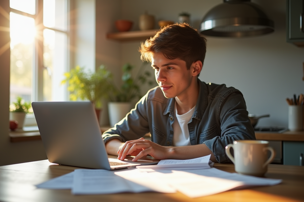 Jeune adulte travaillant à la cuisine avec papiers et ordinateur