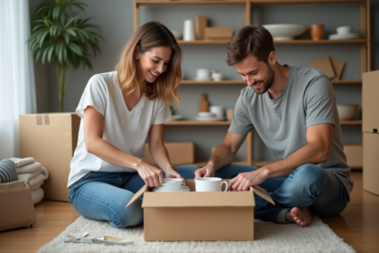Jeune couple préparant des cartons dans un salon moderne