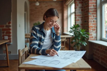 Jeune femme examinant plans dans appartement urbain