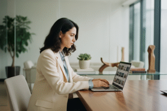 Jeune femme au bureau travaillant sur un ordinateur portable