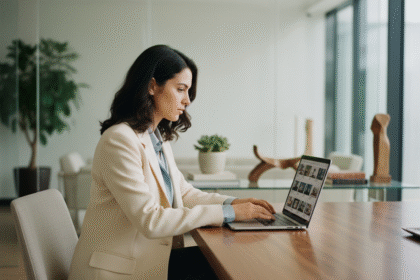 Jeune femme au bureau travaillant sur un ordinateur portable