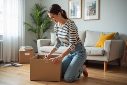 Jeune femme emballant une box de déménagement dans un salon lumineux
