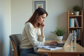Jeune femme étudiant travaillant sur son ordinateur dans son appartement