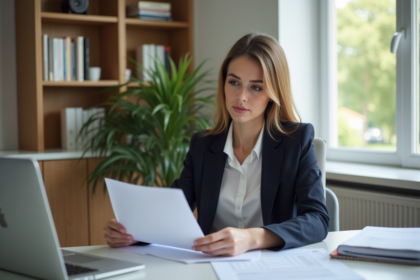 Jeune femme en bureau moderne examinant des documents de mortgage