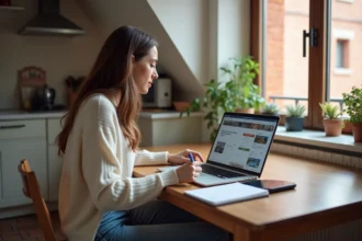 Jeune femme concentrée recherchant un logement à Toulouse