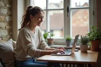 Jeune femme souriante cherche logement sur son laptop dans un appartement