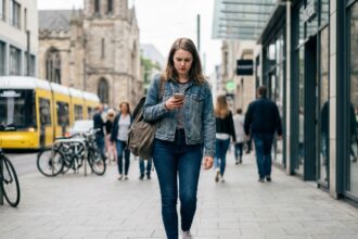 Jeune femme urbaine marchant dans la ville avec smartphone