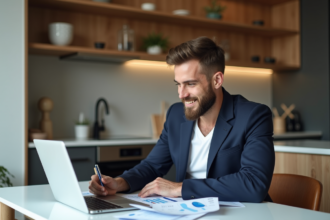 Jeune homme en blazer analysant des chiffres dans un appartement moderne