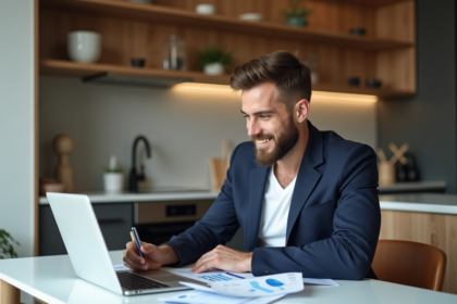 Jeune homme en blazer analysant des chiffres dans un appartement moderne