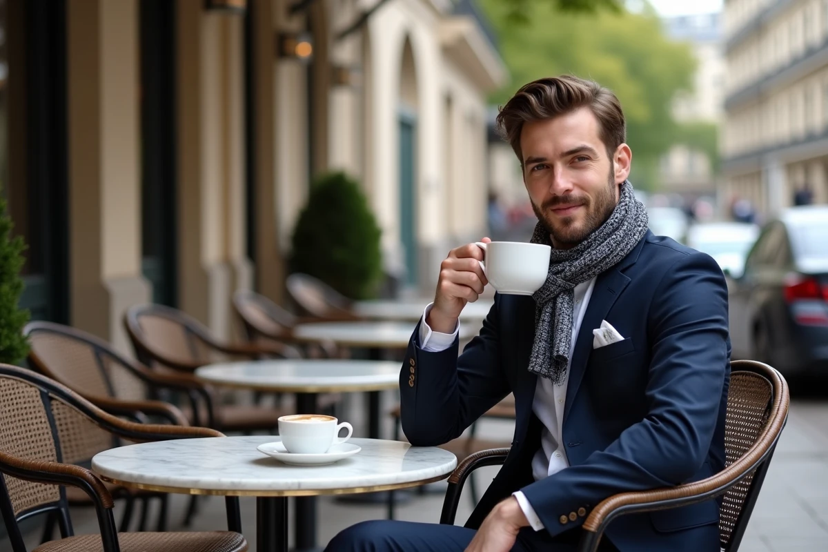 Jeune homme en costume buvant un café dans un café parisien