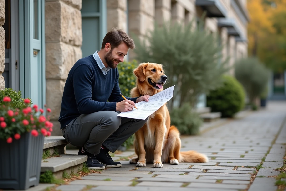 Jeune homme avec chien dans cour pavée à Le Havre
