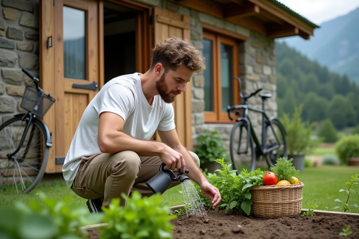 Jeune homme arrosant un jardin d