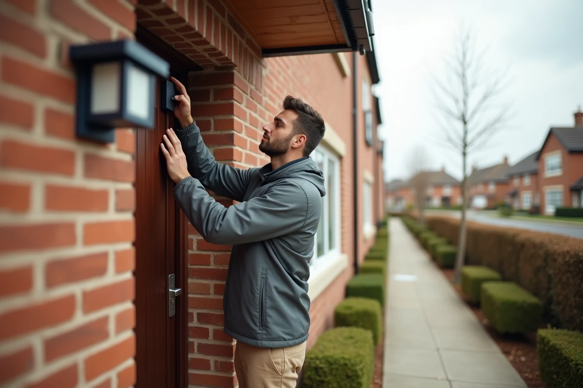 Jeune homme fixant une camera de securite devant une maison