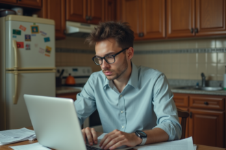 Jeune homme pensif avec papiers et ordinateur dans son appartement