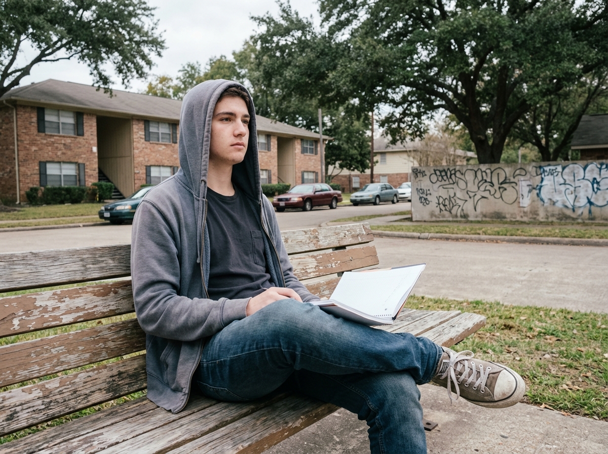 Jeune homme étudiant relaxant sur un banc dans un quartier résidentiel