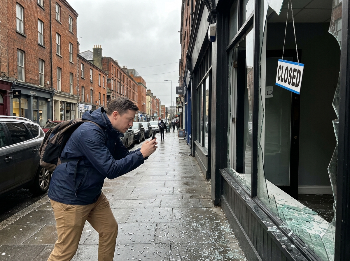 Jeune homme documentant une vitrine cassée en ville