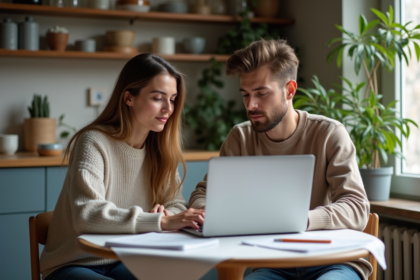 Jeunes adultes discutant finances à la maison