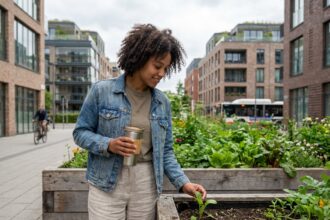 Jeune femme dans un jardin communautaire urbain