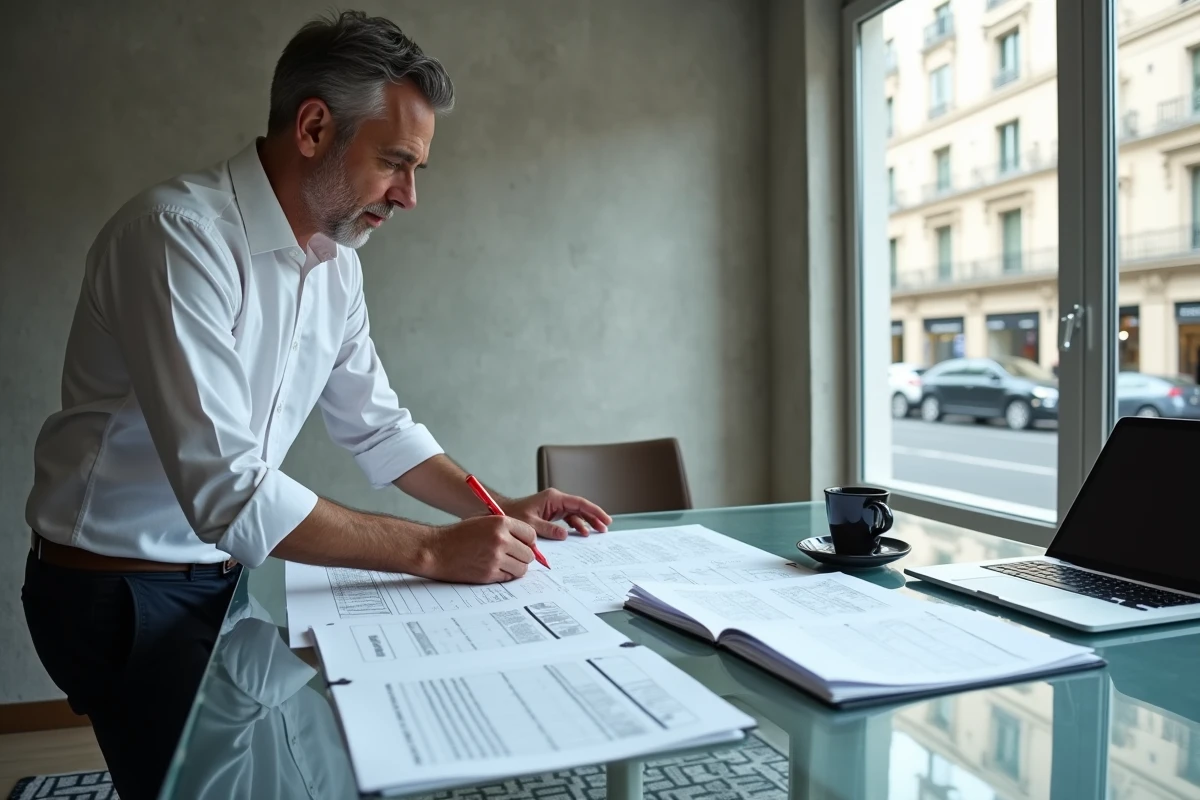 Juriste annotant un plan de succession sur des documents légaux dans un bureau notarial moderne à Paris
