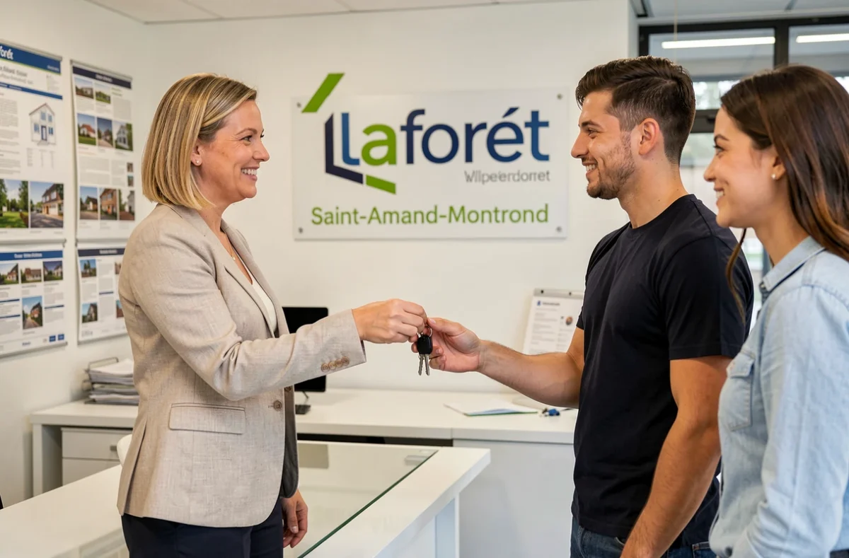 Agente Laforêt Saint-Amand-Montrond remettant des clés à un couple dans un bureau immobilier