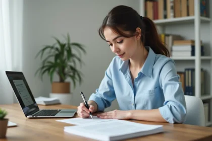 Jeune femme rédigeant une lettre de motivation pour une location d'appartement à son bureau