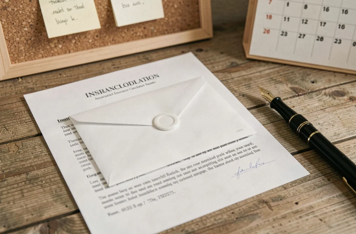 Lettre de résiliation d'assurance habitation et enveloppe cachetée posées sur un bureau en bois