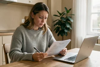 Locataire féminine examinant un contrat d'assurance loyer impayé à table dans un appartement moderne