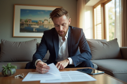 Propriétaire professionnel vérifiant documents d'assurance dans un appartement lumineux
