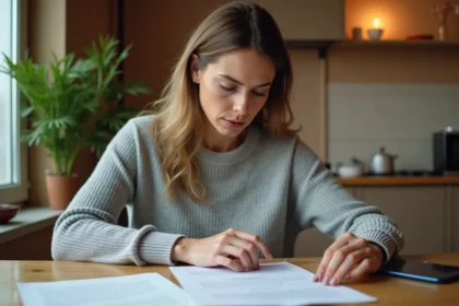 Locataire femme vérifiant les charges locatives sur son contrat de bail à la table de cuisine